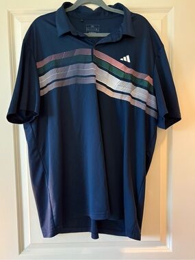 adidas Men’s Navy Polo with Pink, Green and White Stripe Accents